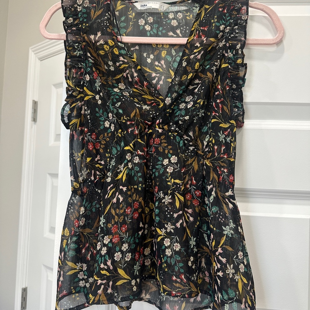 Zara Black Floral Sheer Blouse